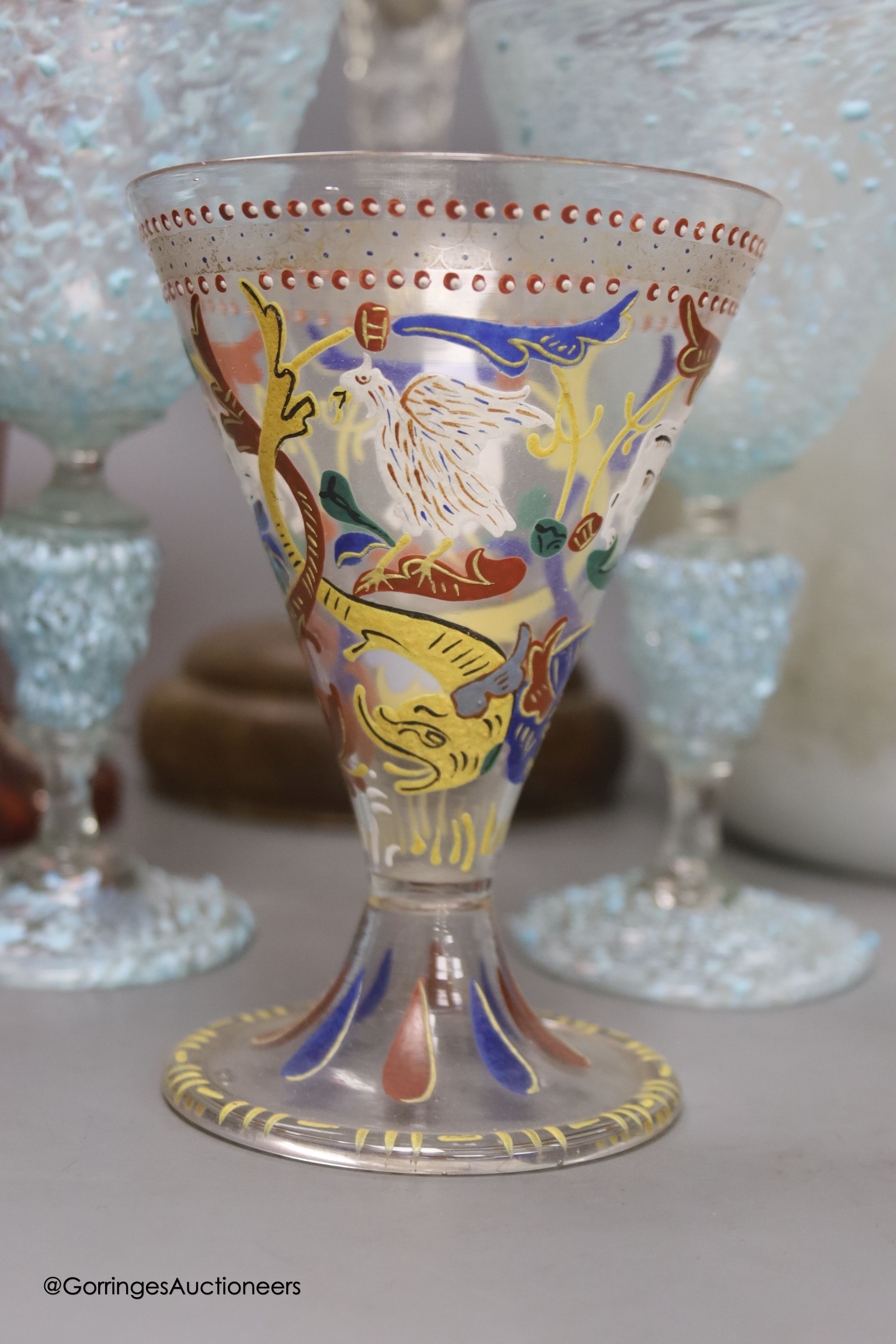 Roman style vase, a pair of goblets, a Bohemian trumpet vase, cut glass vase on stand and a German enamel tinted glass
